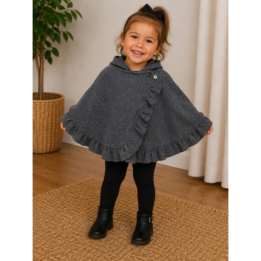 Max Studio Baby Girls Gray Sparkle Hooded Poncho Ruffle Trim Wrap 18M